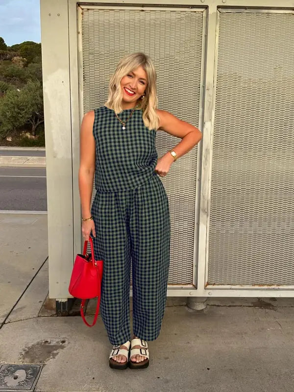 Women's Summer 2 Piece Outfits Plaid Crop Tank Top High Waisted Baggy Ankle Barrel Pants Gingham Lounge Set