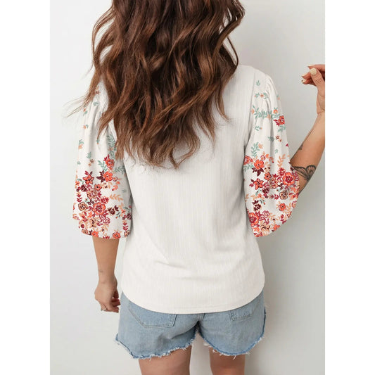EVALESS 2026 New Women Boho Floral Patchwork Blouse, Crew Neck 3/4 Sleeve Ribbed Loose Stretchy T Shirt, Trendy Spring Summer Casual Tops