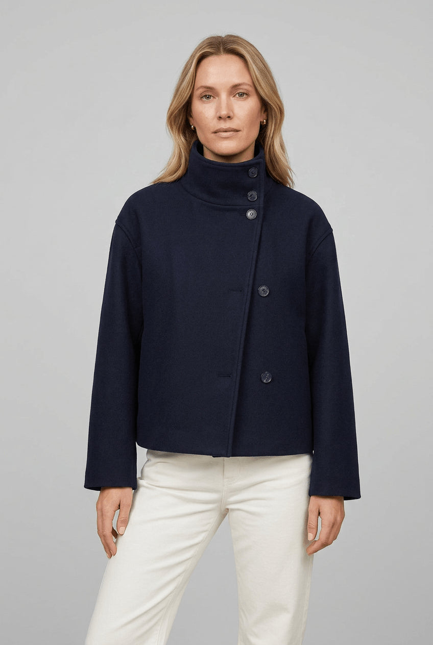 Buenoble Women Oversized Stand Collar Wool Blend Pea Coat, Loose Double Button Minimalist Short Winter Casual Outerwear Jacket