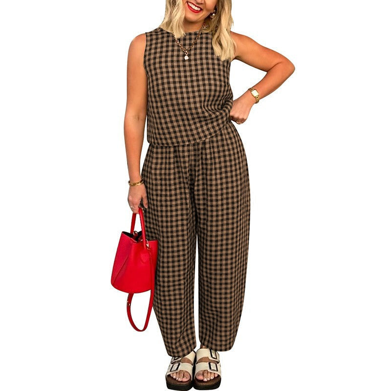 Women's Summer 2 Piece Outfits Plaid Crop Tank Top High Waisted Baggy Ankle Barrel Pants Gingham Lounge Set