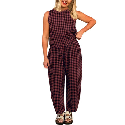 Women's Summer 2 Piece Outfits Plaid Crop Tank Top High Waisted Baggy Ankle Barrel Pants Gingham Lounge Set