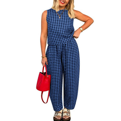 Women's Summer 2 Piece Outfits Plaid Crop Tank Top High Waisted Baggy Ankle Barrel Pants Gingham Lounge Set