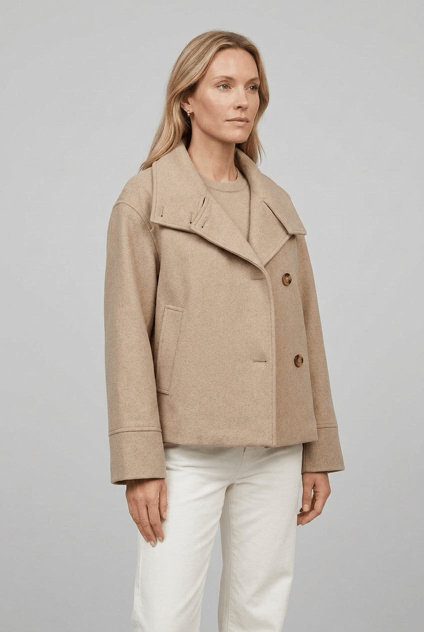 Buenoble Women Oversized Stand Collar Wool Blend Pea Coat, Loose Double Button Minimalist Short Winter Casual Outerwear Jacket
