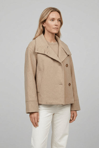 Buenoble Women Oversized Stand Collar Wool Blend Pea Coat, Loose Double Button Minimalist Short Winter Casual Outerwear Jacket