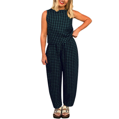 Women's Summer 2 Piece Outfits Plaid Crop Tank Top High Waisted Baggy Ankle Barrel Pants Gingham Lounge Set