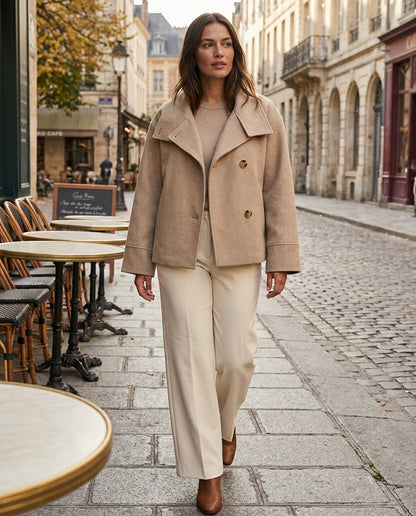 Buenoble Women Oversized Stand Collar Wool Blend Pea Coat, Loose Double Button Minimalist Short Winter Casual Outerwear Jacket