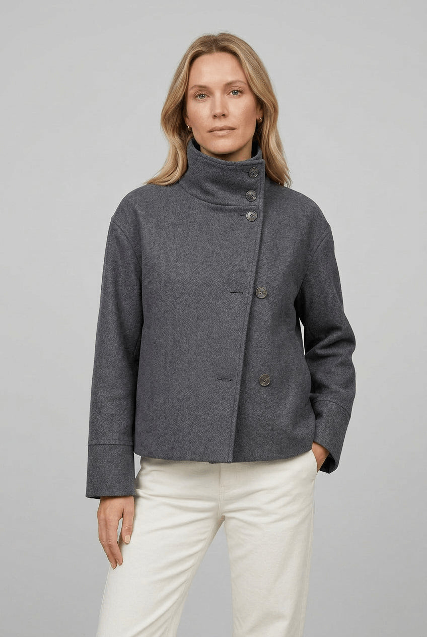 Buenoble Women Oversized Stand Collar Wool Blend Pea Coat, Loose Double Button Minimalist Short Winter Casual Outerwear Jacket