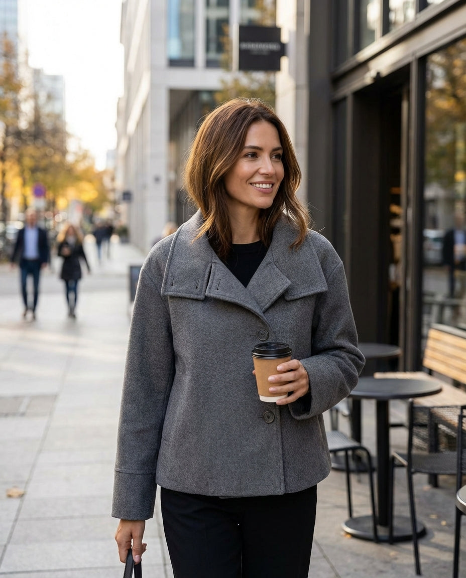 Buenoble Women Oversized Stand Collar Wool Blend Pea Coat, Loose Double Button Minimalist Short Winter Casual Outerwear Jacket