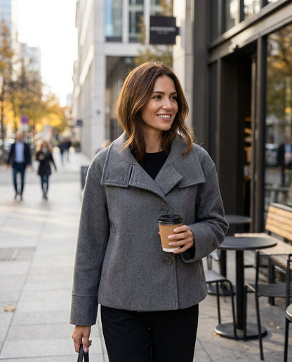 Buenoble Women Oversized Stand Collar Wool Blend Pea Coat, Loose Double Button Minimalist Short Winter Casual Outerwear Jacket