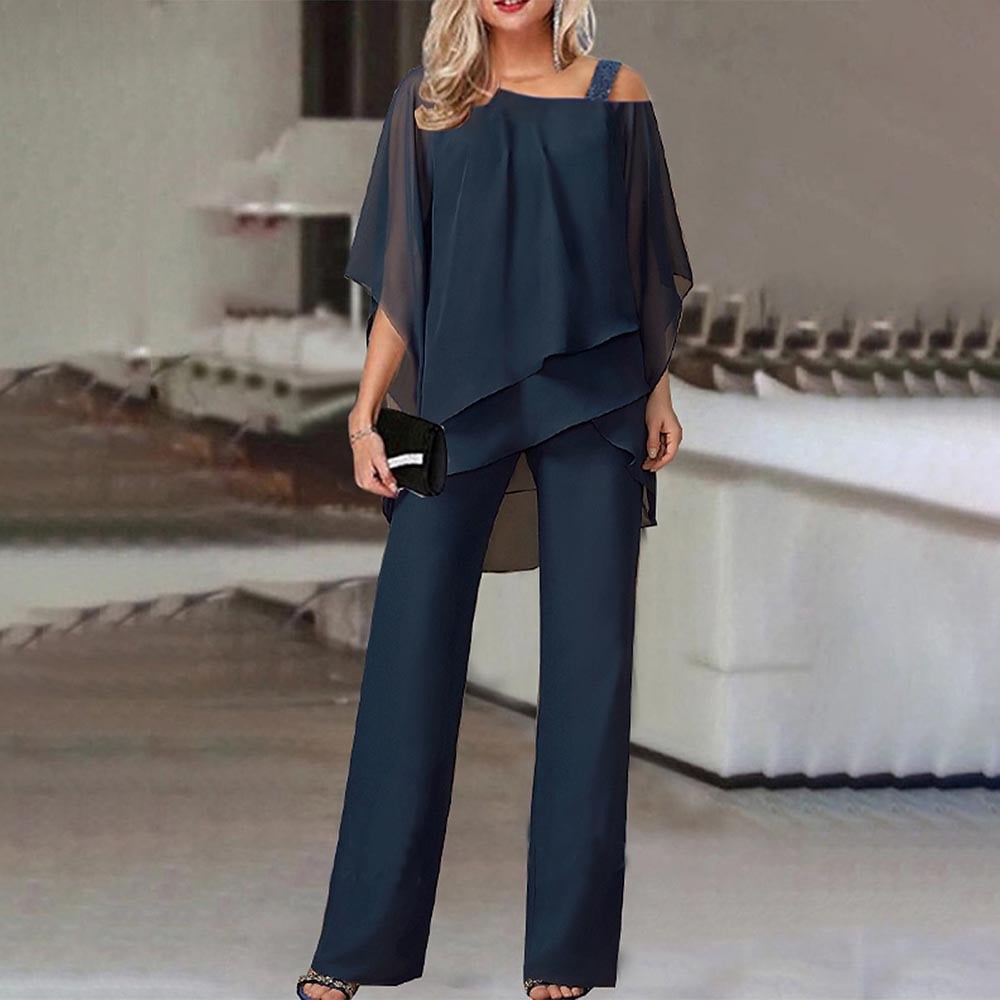 🏆 Elegant Layered Chiffon Top & Wide-Leg Pants Set