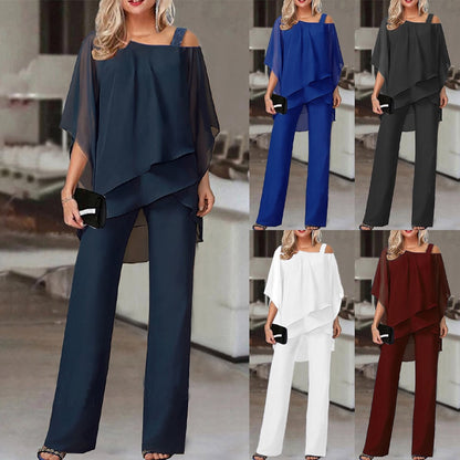 🏆 Elegant Layered Chiffon Top & Wide-Leg Pants Set