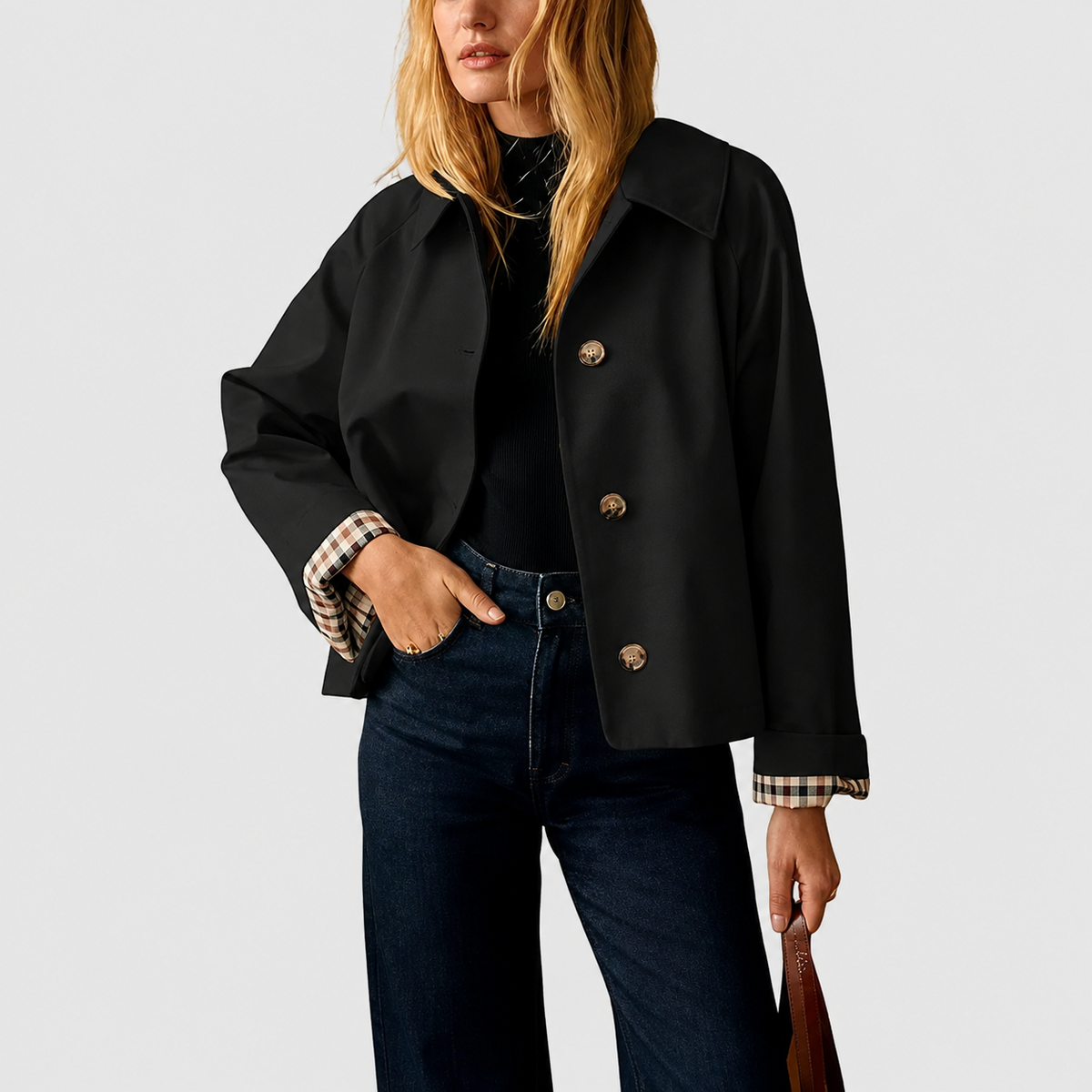 Women’s Cropped Trench Coat – Oversized Casual Jacket with Plaid Lining