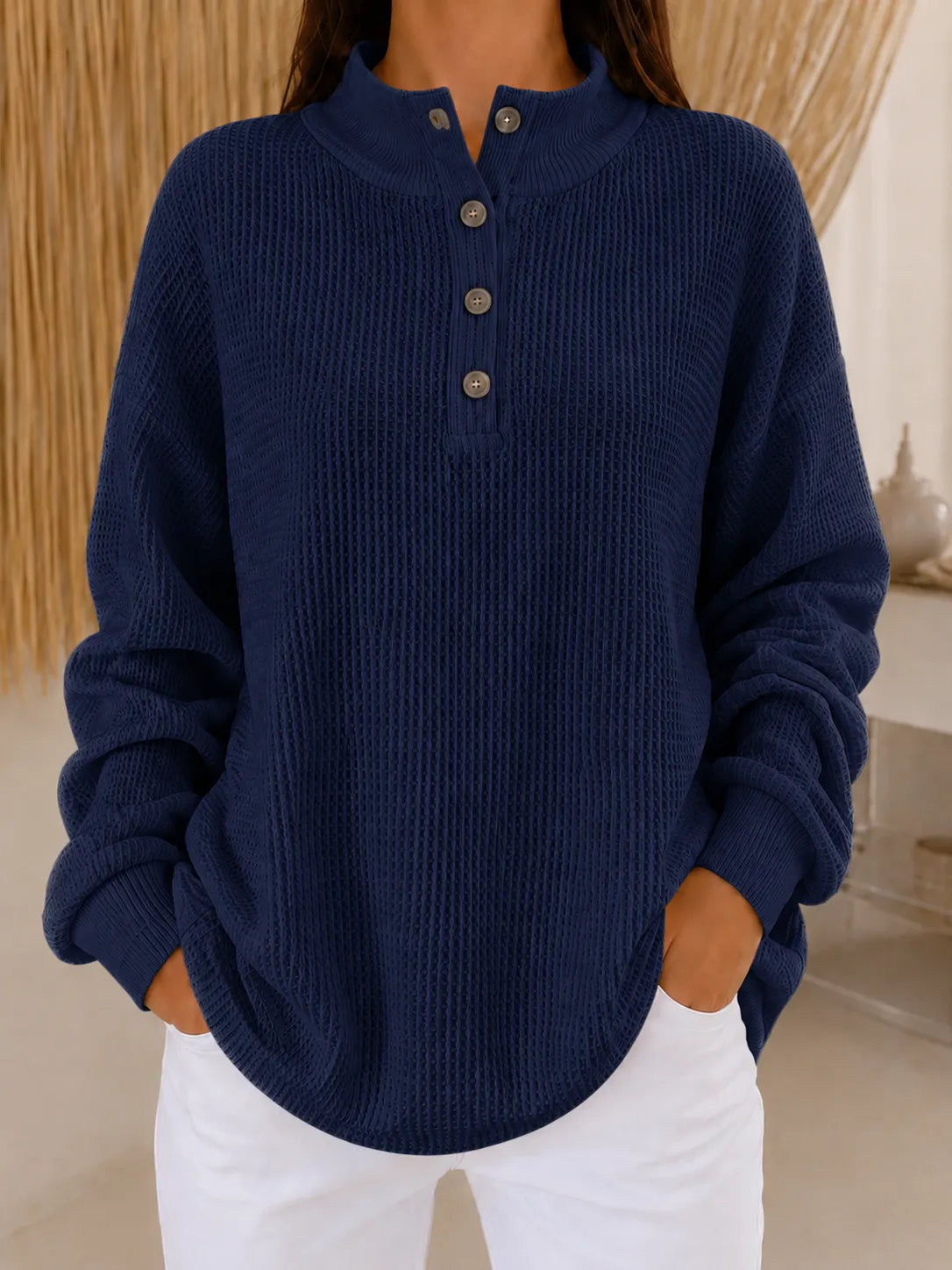 Women’s Waffle Knit Button Neck Pullover