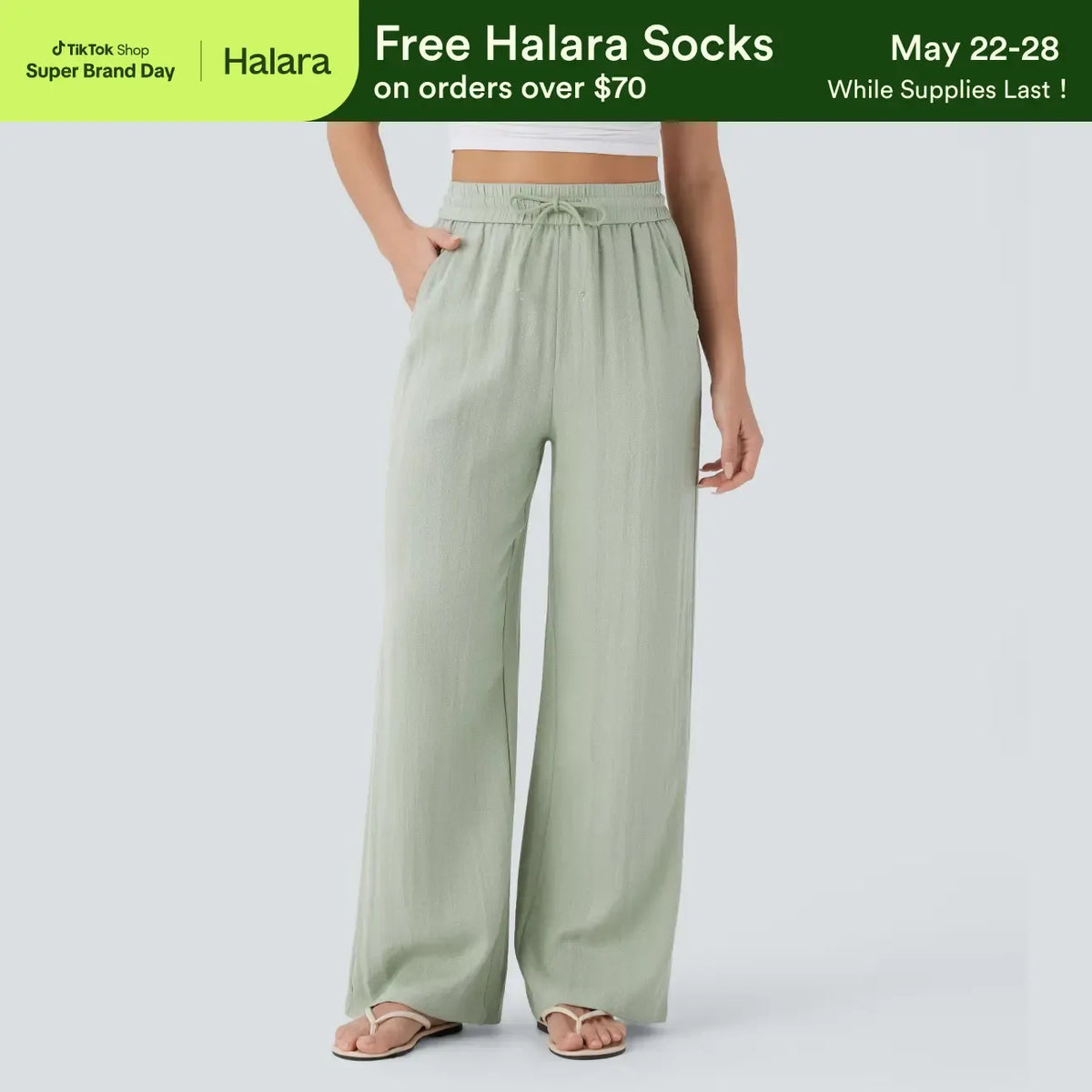 High Waisted Drawstring Pocket Wide Leg Casual Linen-Feel Pants