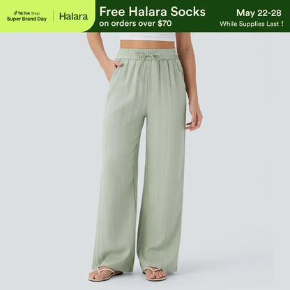High Waisted Drawstring Pocket Wide Leg Casual Linen-Feel Pants