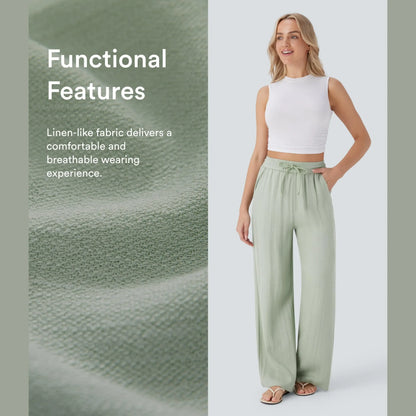 High Waisted Drawstring Pocket Wide Leg Casual Linen-Feel Pants