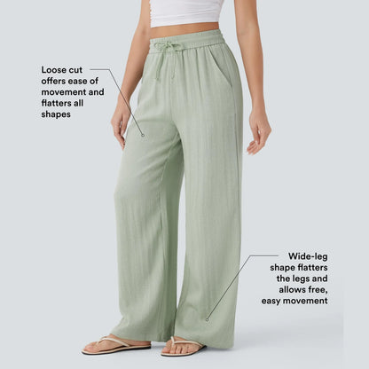 High Waisted Drawstring Pocket Wide Leg Casual Linen-Feel Pants