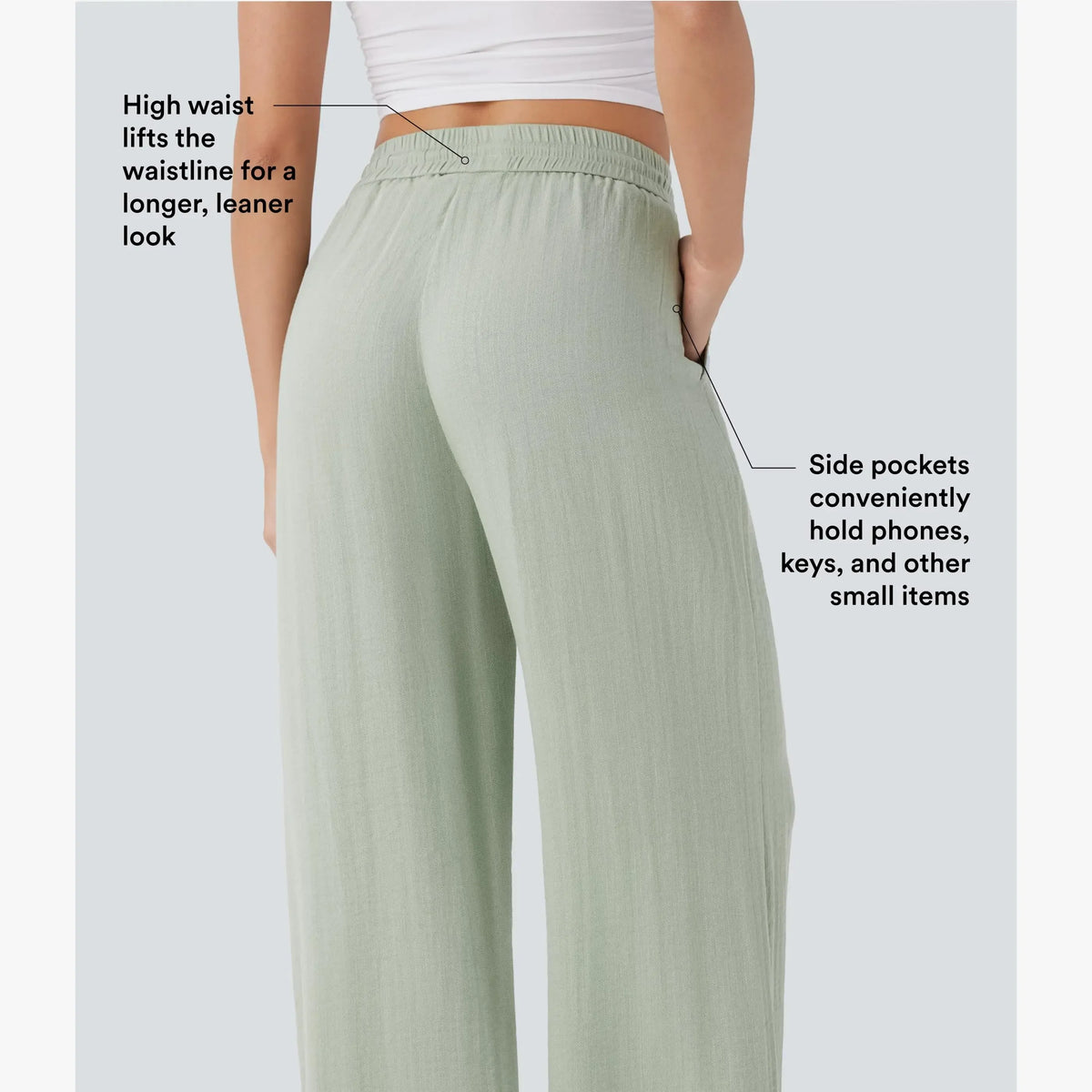 High Waisted Drawstring Pocket Wide Leg Casual Linen-Feel Pants