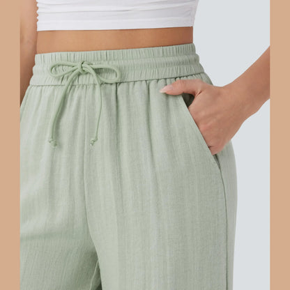 High Waisted Drawstring Pocket Wide Leg Casual Linen-Feel Pants