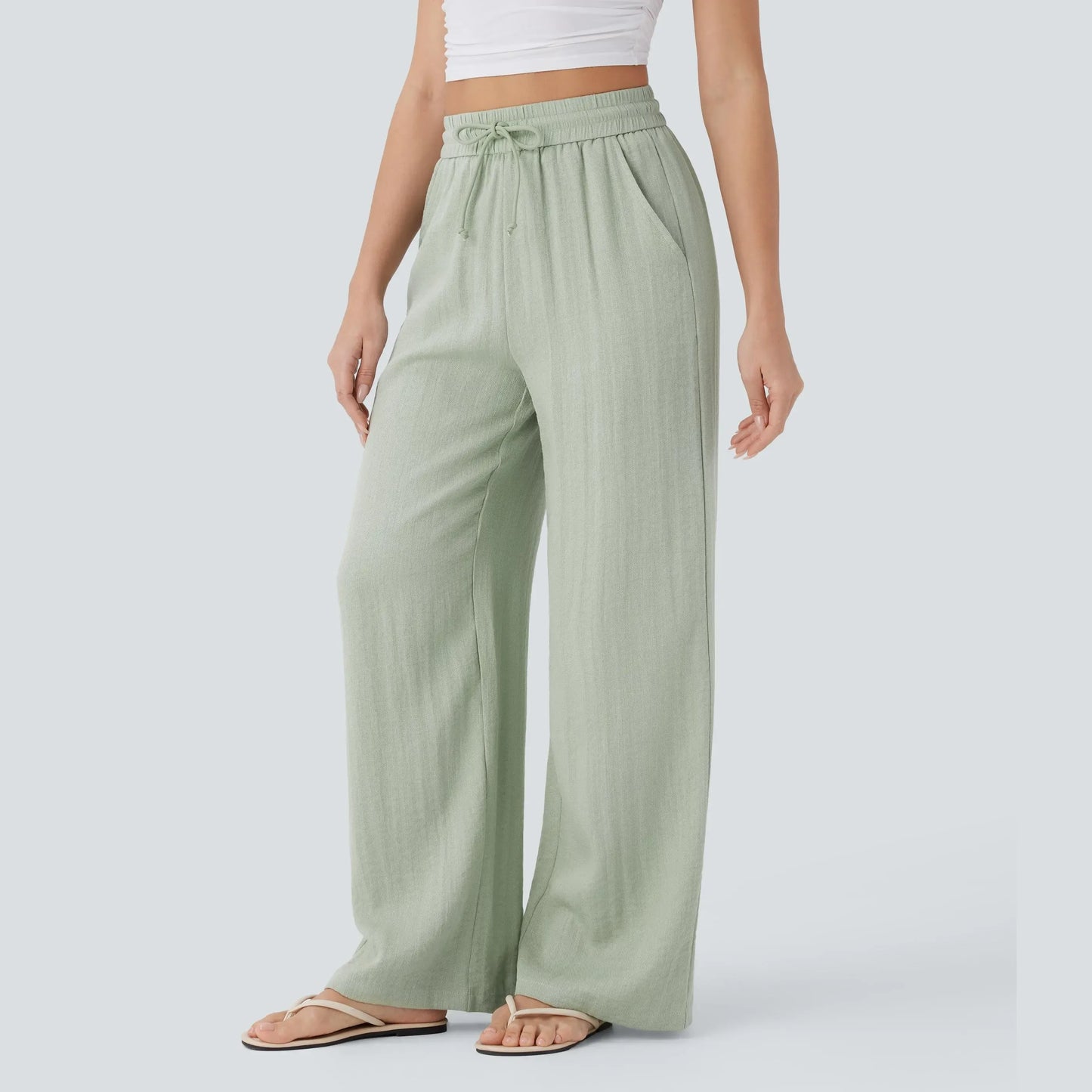 High Waisted Drawstring Pocket Wide Leg Casual Linen-Feel Pants