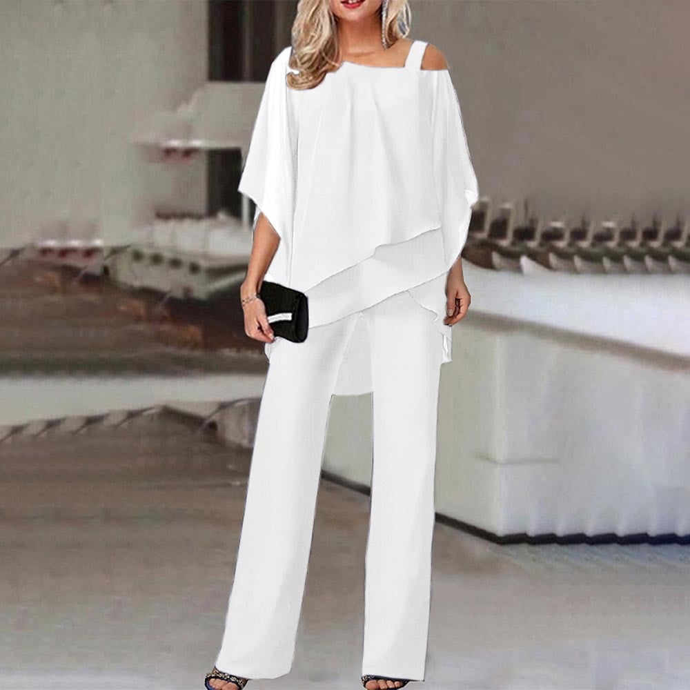 🏆 Elegant Layered Chiffon Top & Wide-Leg Pants Set