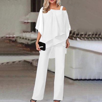 🏆 Elegant Layered Chiffon Top & Wide-Leg Pants Set
