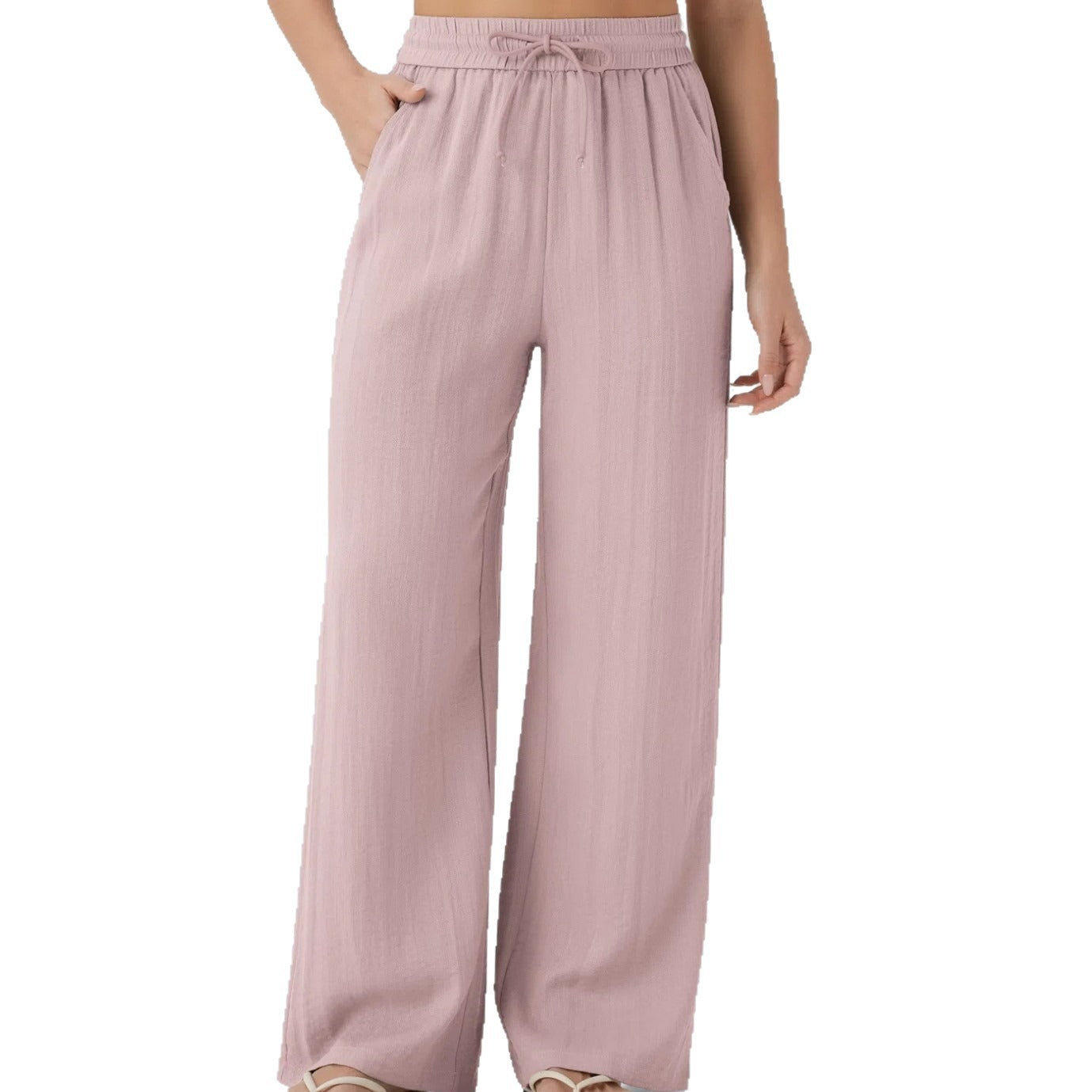 High Waisted Drawstring Pocket Wide Leg Casual Linen-Feel Pants