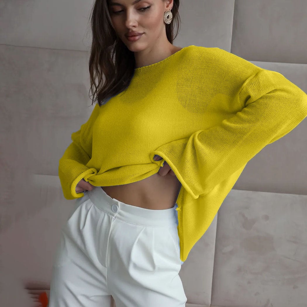 ✨2026 Spring Summer New Arrival Women’s Hollow‑Out Knit Top, Thin Round‑Neck Flare Sleeve Loose Long Sleeve Sweater, S‑5XL