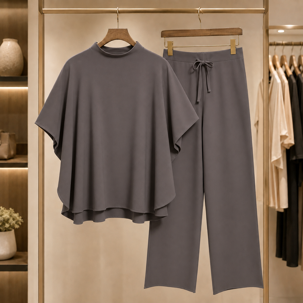 Women's 2 Piece Outfits Lounge Set 3/4 Batwing Sleeve Capelet Crew Neck Pullover Tops Wide Leg Pants Travel Set
