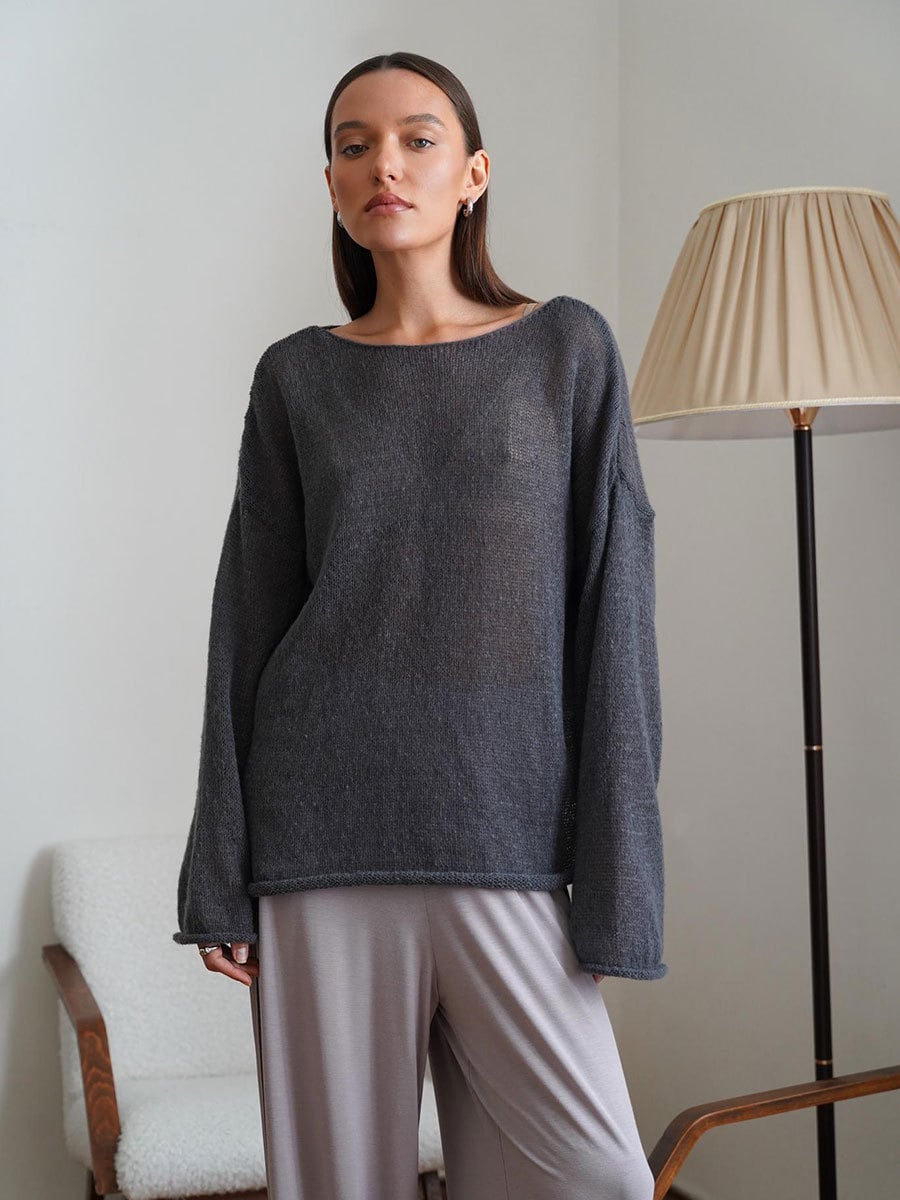 ✨2026 Spring Summer New Arrival Women’s Hollow‑Out Knit Top, Thin Round‑Neck Flare Sleeve Loose Long Sleeve Sweater, S‑5XL