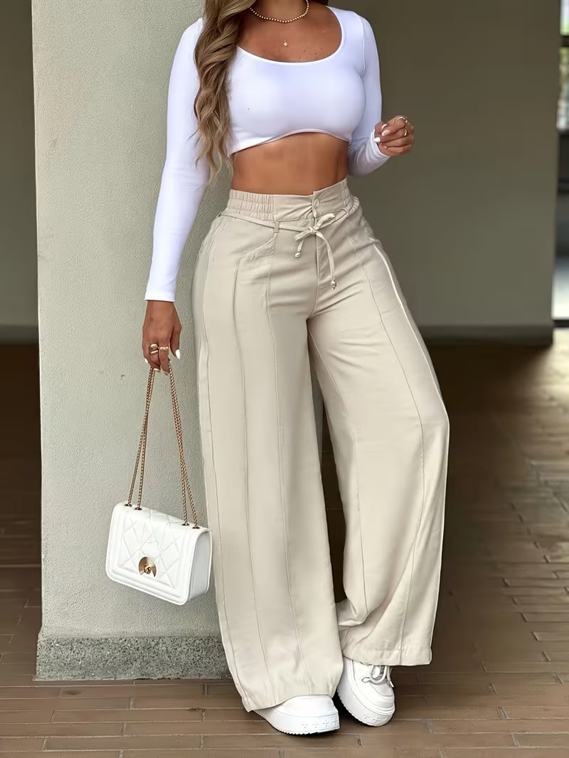 2026 New Women's High Waist Pleated Wide Leg Pants, Elastic Comfort Waistband Vertical Line Pleat Casual Trousers, Modern Flowy Work & Date Wear Bottoms