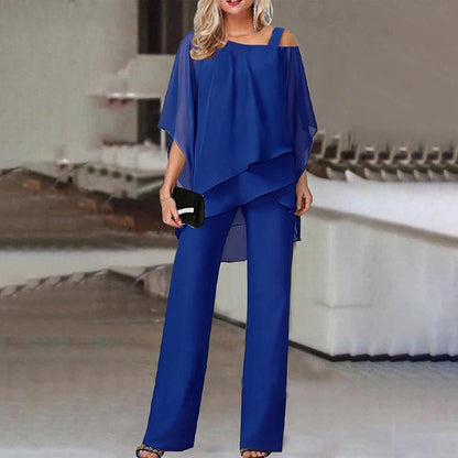 🏆 Elegant Layered Chiffon Top & Wide-Leg Pants Set