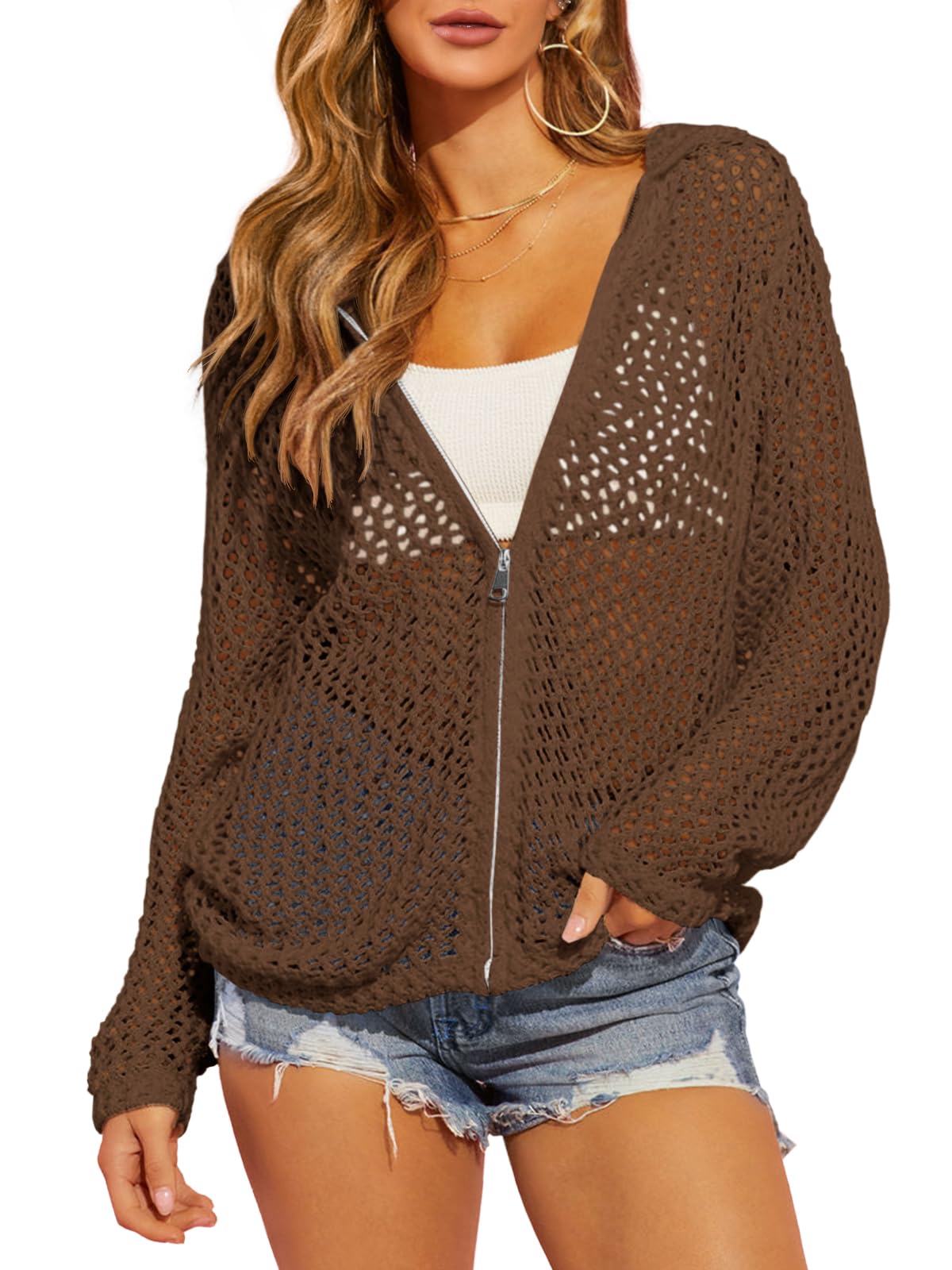 Breezy Crochet Zip-Up Hooded Cardigan