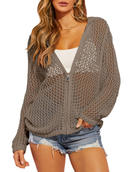 Breezy Crochet Zip-Up Hooded Cardigan