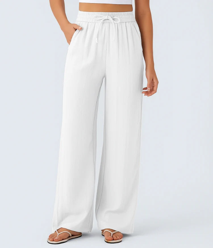 High Waisted Drawstring Pocket Wide Leg Casual Linen-Feel Pants