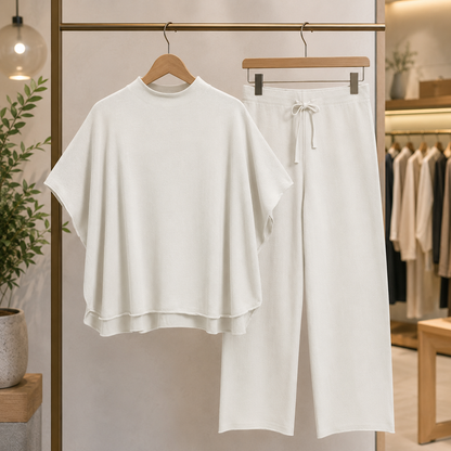 Women's 2 Piece Outfits Lounge Set 3/4 Batwing Sleeve Capelet Crew Neck Pullover Tops Wide Leg Pants Travel Set