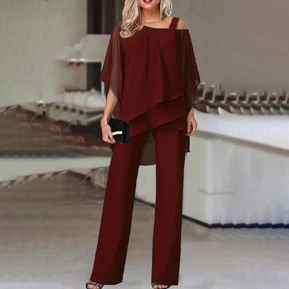 🏆 Elegant Layered Chiffon Top & Wide-Leg Pants Set