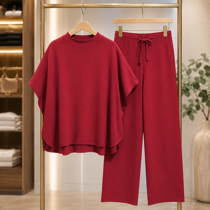 Women's 2 Piece Outfits Lounge Set 3/4 Batwing Sleeve Capelet Crew Neck Pullover Tops Wide Leg Pants Travel Set