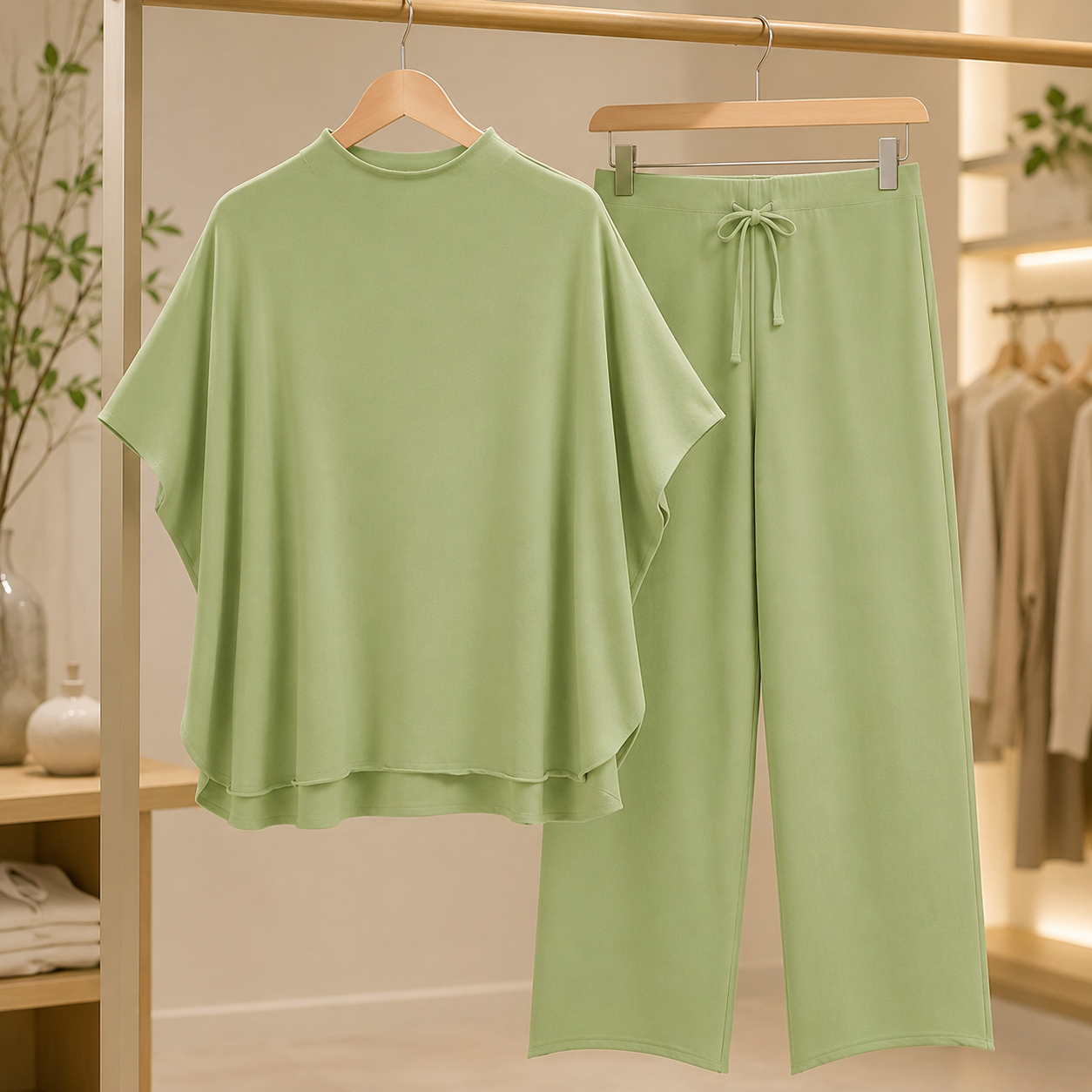 Women's 2 Piece Outfits Lounge Set 3/4 Batwing Sleeve Capelet Crew Neck Pullover Tops Wide Leg Pants Travel Set