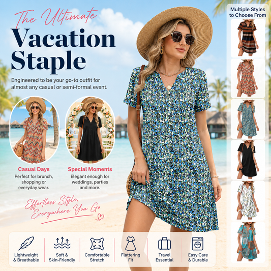2026！！！ Women's Summer Dress: Casual Summer V-Neck Wedding Guest Dress, Short-Sleeve, Fashionable Beach Vacation Wear👗✨