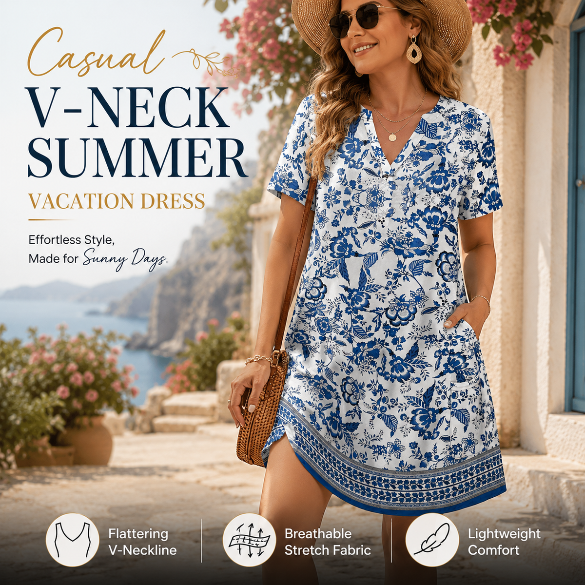 2026！！！ Women's Summer Dress: Casual Summer V-Neck Wedding Guest Dress, Short-Sleeve, Fashionable Beach Vacation Wear👗✨
