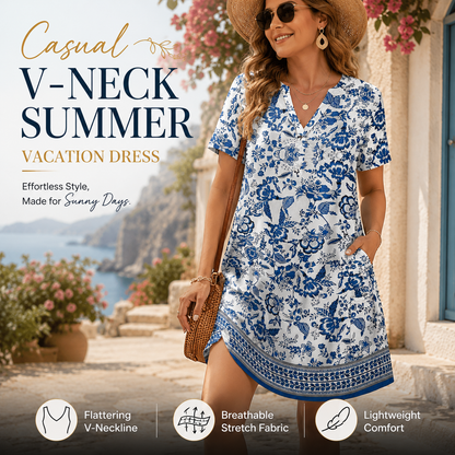 2026！！！ Women's Summer Dress: Casual Summer V-Neck Wedding Guest Dress, Short-Sleeve, Fashionable Beach Vacation Wear👗✨