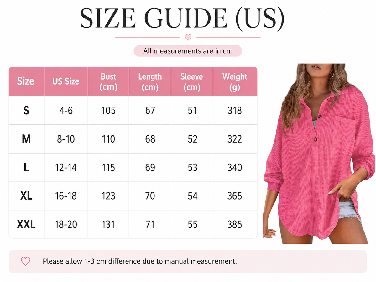 Women's Oversized Henley Waffle Shirt V Neck Long Sleeve