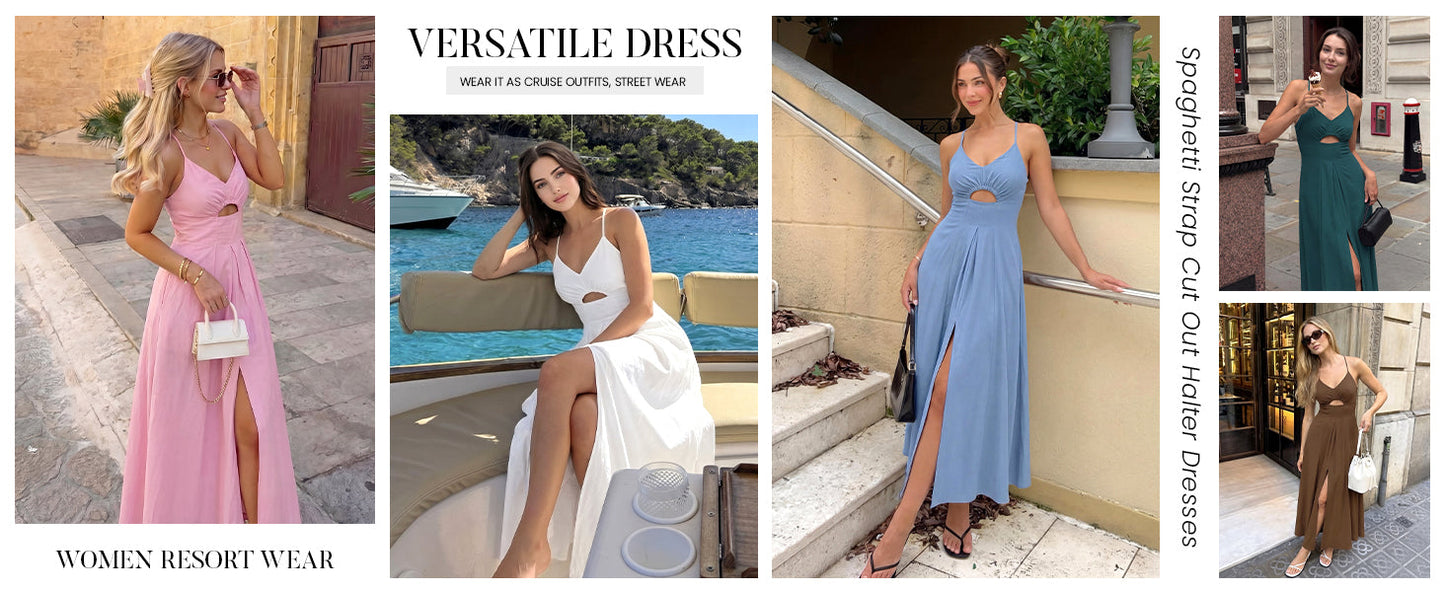 Women's 2026 Summer Sleeveless Spaghetti-Strap Maxi Dress with V-Neck, Cutout, and Slit Beach Party Dress with Pockets