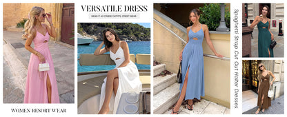 Women's 2026 Summer Sleeveless Spaghetti-Strap Maxi Dress with V-Neck, Cutout, and Slit Beach Party Dress with Pockets
