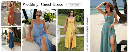 Women's 2026 Summer Sleeveless Spaghetti-Strap Maxi Dress with V-Neck, Cutout, and Slit Beach Party Dress with Pockets
