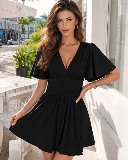 👗Ruched V-Neck Flutter-Sleeve Mini Dress
