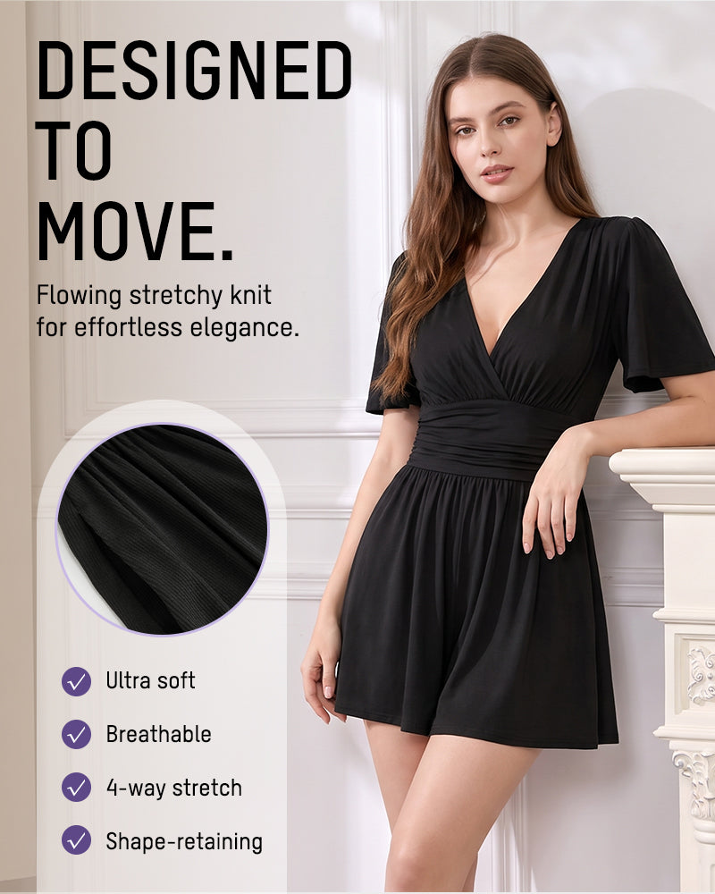 👗Ruched V-Neck Flutter-Sleeve Mini Dress