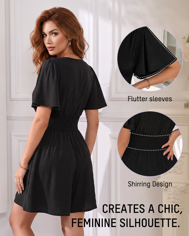 👗Ruched V-Neck Flutter-Sleeve Mini Dress