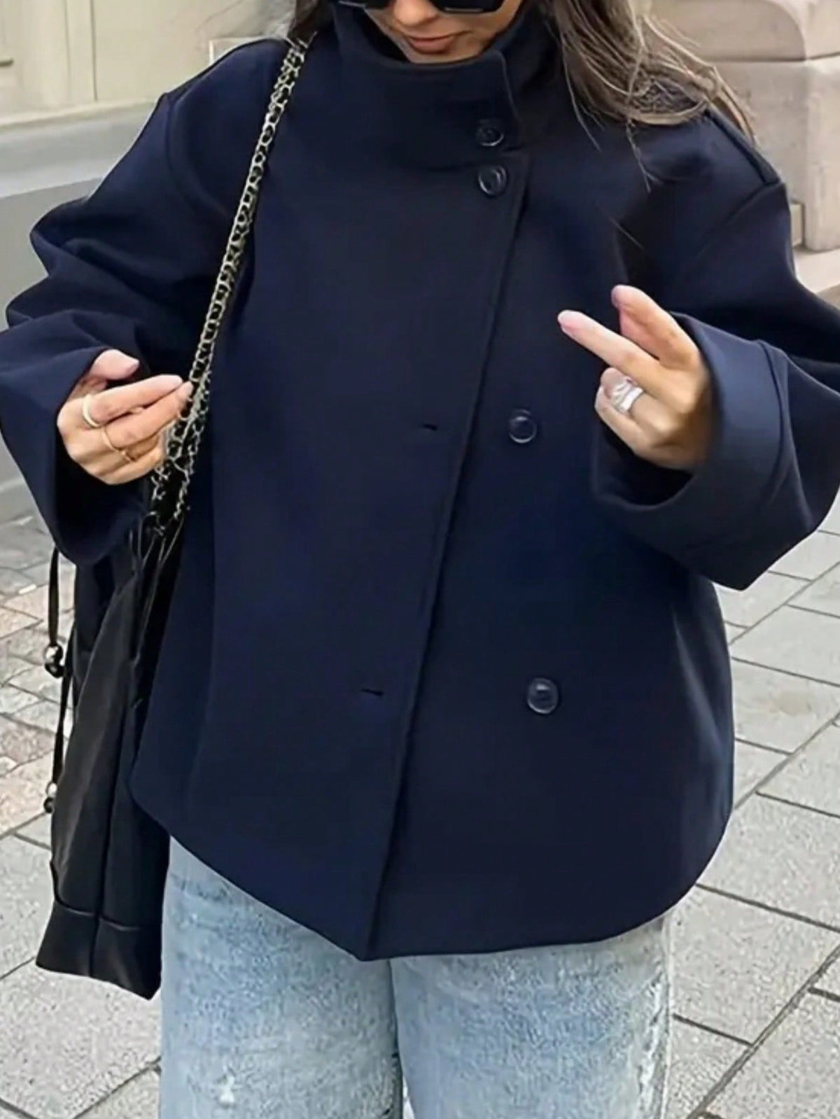 Buenoble Women Oversized Stand Collar Wool Blend Pea Coat, Loose Double Button Minimalist Short Winter Casual Outerwear Jacket